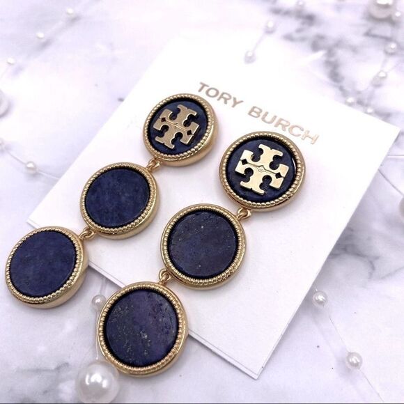 New Tory Burch Gold Logo, Dark Blue Round Drop Dangle Stud Earrings - Picture 2 of 6